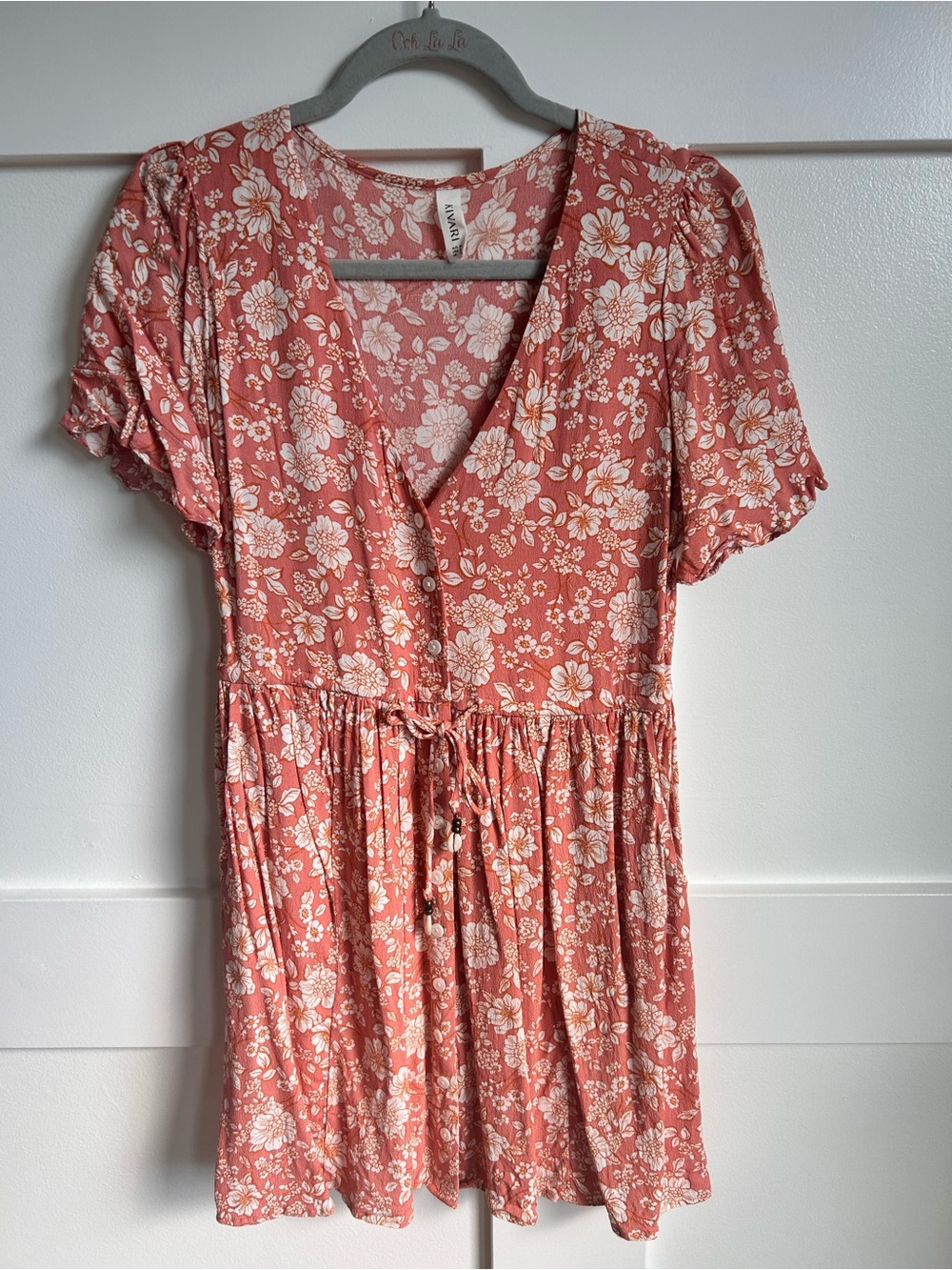 Kivari Floral V-Neck Tie-Waist Babydoll Top in Dusty Coral